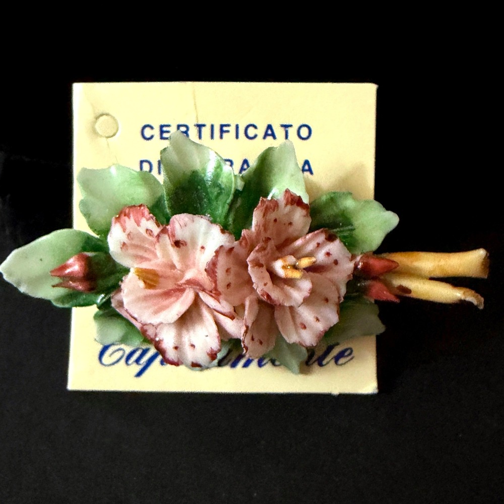 Royal Capodimonte Vintage Porcelain Floral Brooch Pink White Italy Bernasconi